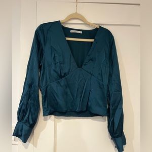 Teal v neck top with smock back on bottom